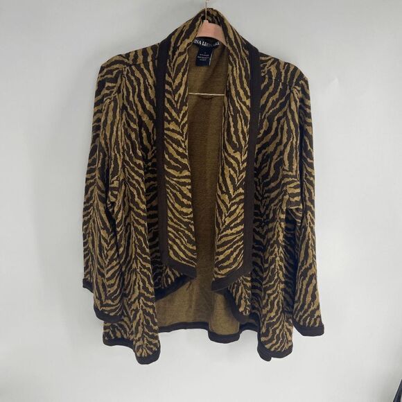 Nina Leonard Women's Brown Tan Tiger Print Open Front Long Sleeve Cardigan Sz 1X - Picture 1 of 5